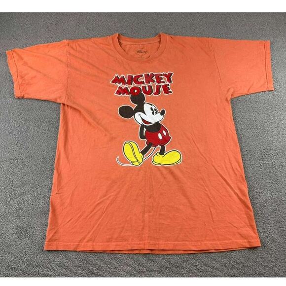 Disney T Shirt Men L Orange Mickey Mouse Graphic Short Sleeve Cotton Crewneck - Picture 1 of 10
